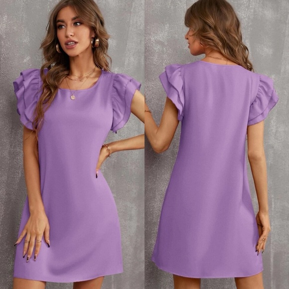 Ruffle frill layered short sleeve tunic dress business casual cocktail baby blue - Picture 5 of 11